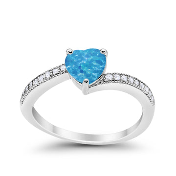 Heart Promise Ring Lab Created Blue Opal 925 Sterling Silver